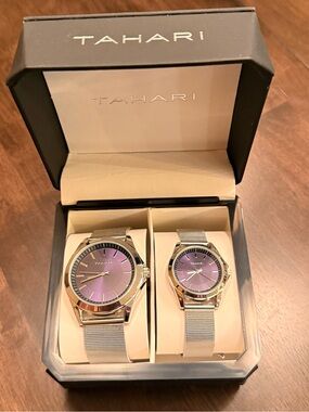 NIB Tahari -Watch Set Silver Mesh Mesh Band Purple Sunburst Dials His & Hers